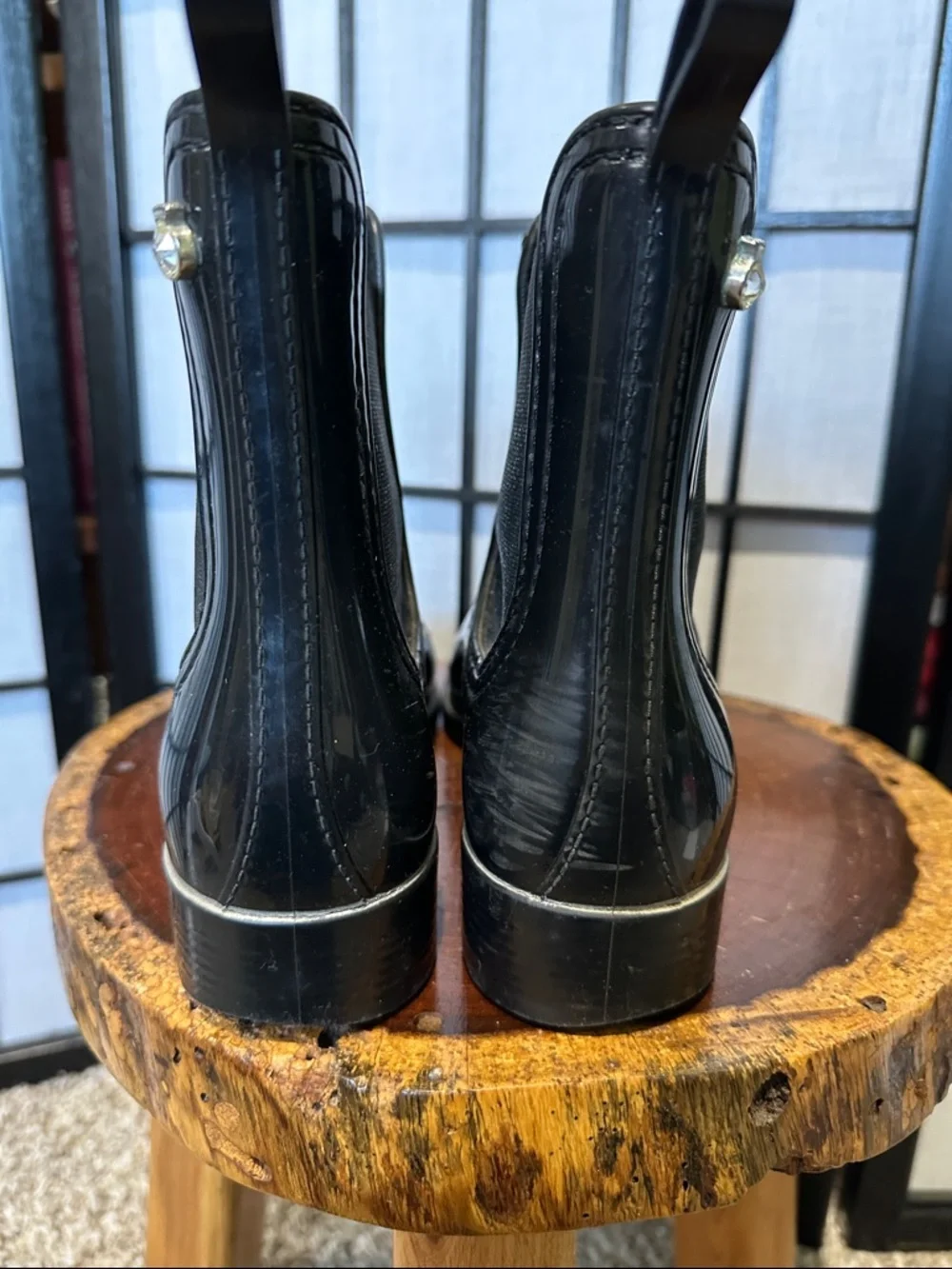 Lemon Jelly Designer Black Pull On Rain Boots with Metallic Elastic Panels 8.5